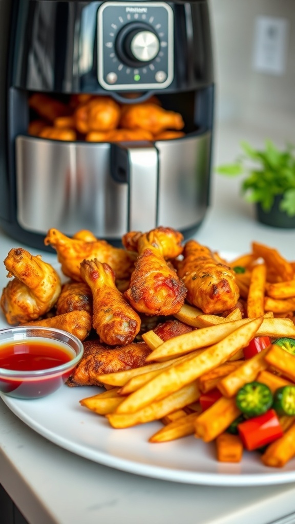 Quick and Easy Air Fryer Meals An assortment of air fryer meals including chicken wings, fries, and roasted vegetables on a plate with a dipping sauce.